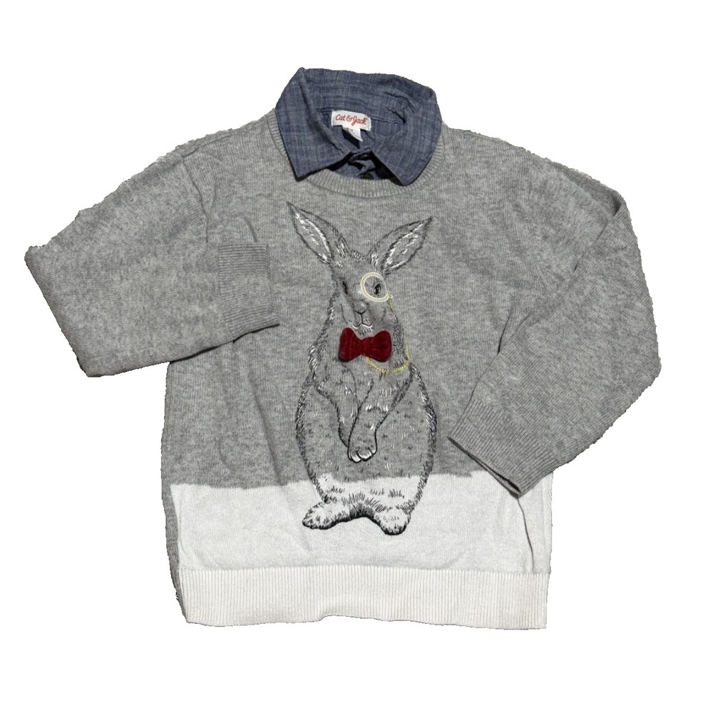 Cat & Jack Rabbit Bunny Bow Tie Cute Sweater Heather Gray Dress Collar‎ Size 5T